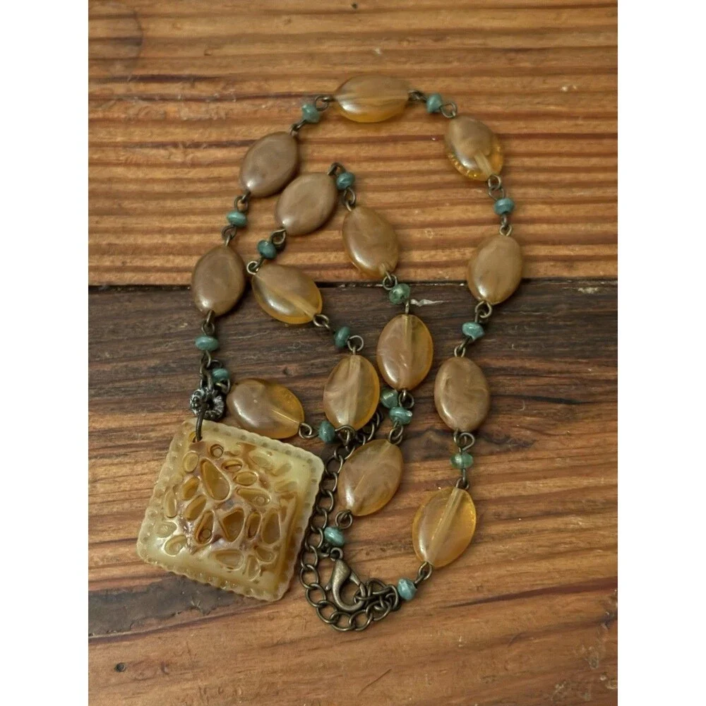 Vintage Carved Natural Butterscotch Amber Pendant Necklace Trade Bead - Picture 2 of 7